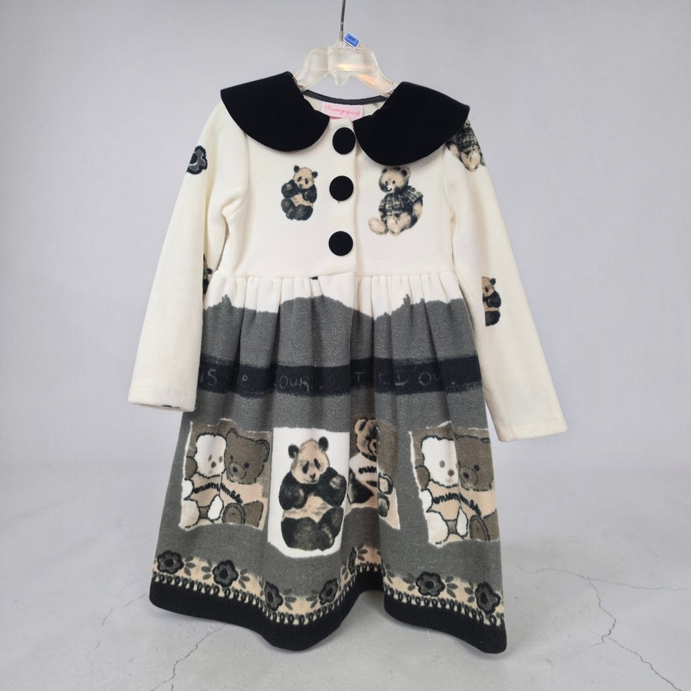 Youngsport Kids Panda Teddy Bear Fleece Dress Peter Pan Collar Cream Gray Black